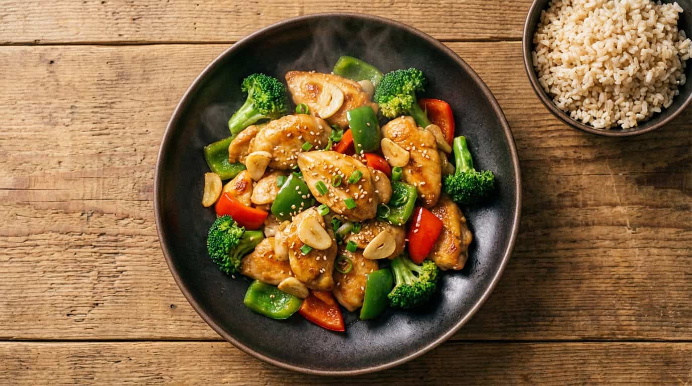 마늘 닭가슴살 볶음 요리와 현미밥