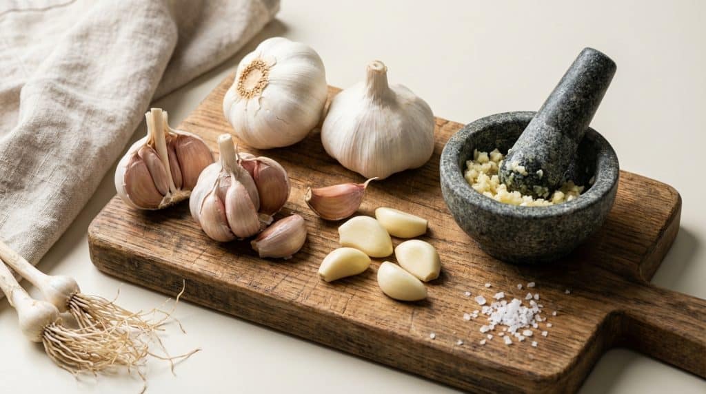 나무 도마 위의 신선한 마늘 통과 깐마늘