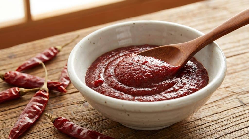 흰 도자기 그릇에 담긴 한국 전통 고추장과 나무 숟가락