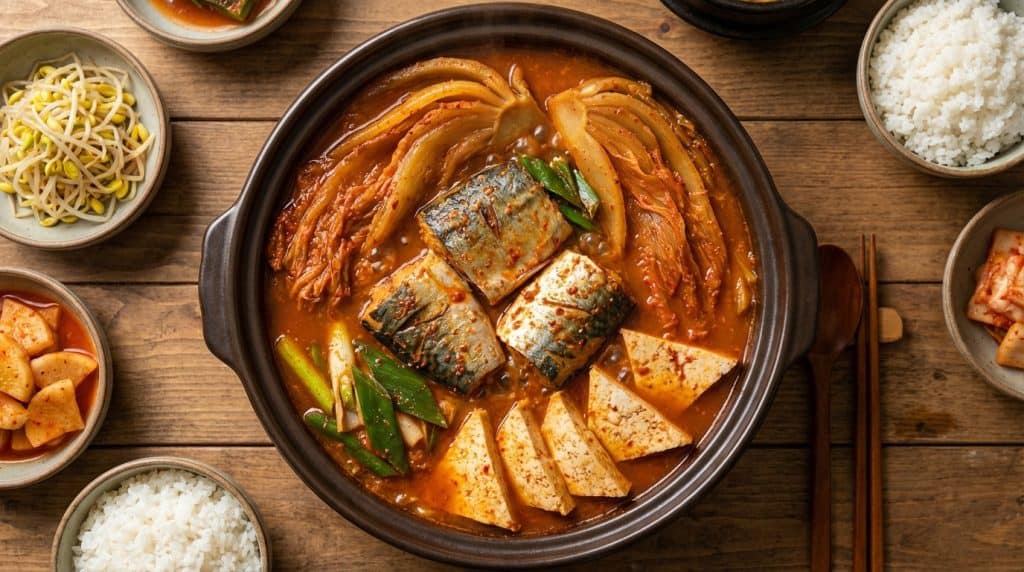 전통 냄비에 담긴 고등어 김치찜 요리