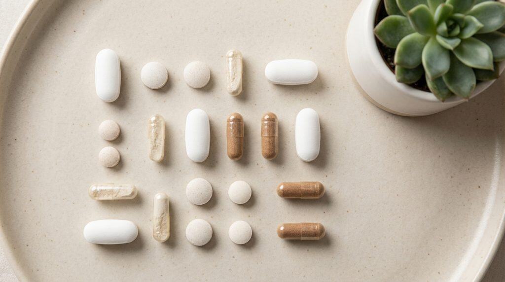 베이지색 표면 위에 정리된 다양한 마그네슘 영양제