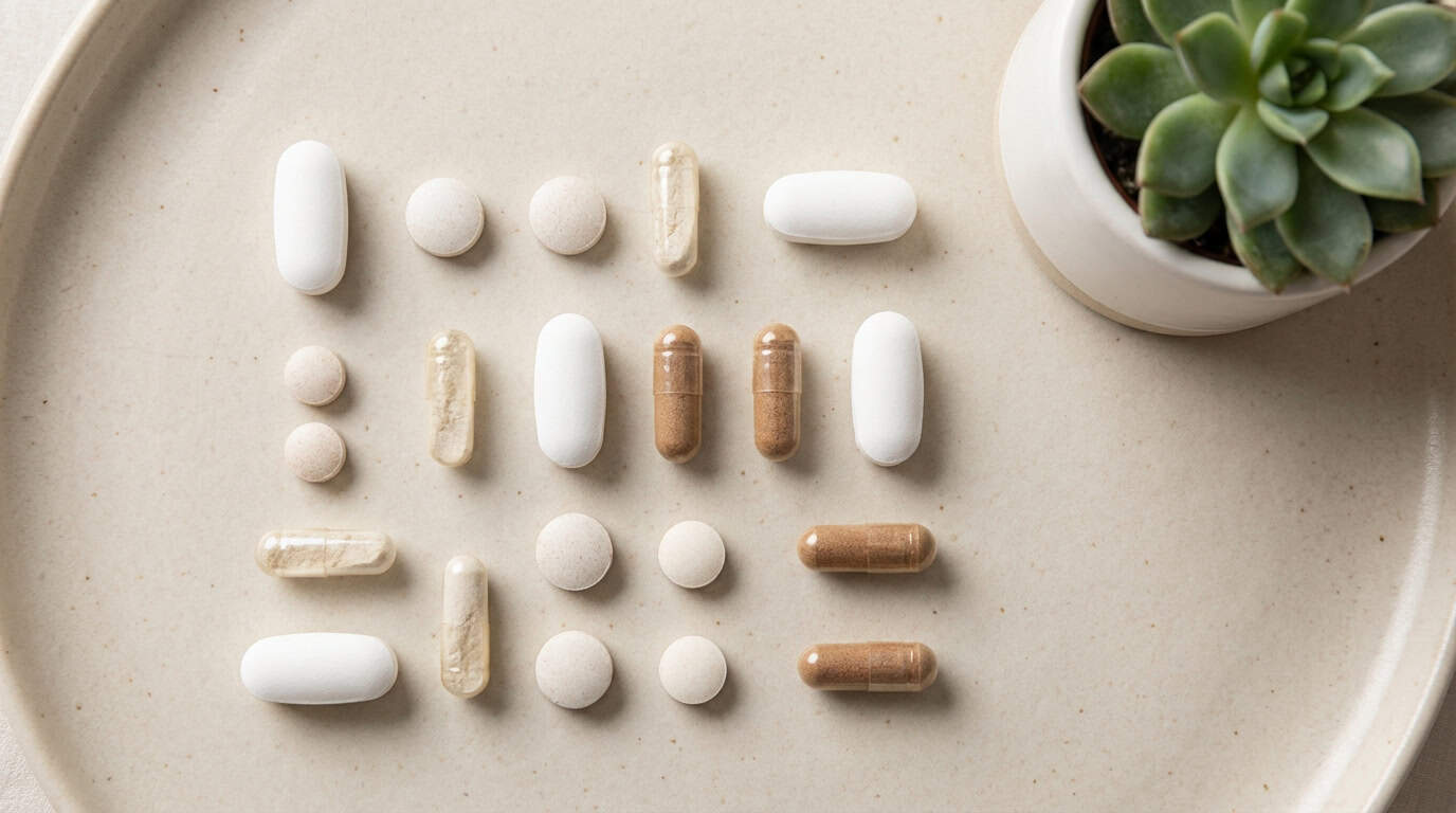 베이지색 표면 위에 정리된 다양한 마그네슘 영양제