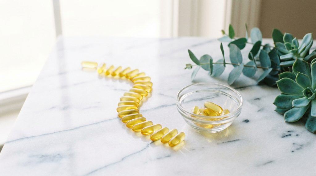 흰 대리석 위의 황금빛 오메가3 캡슐
