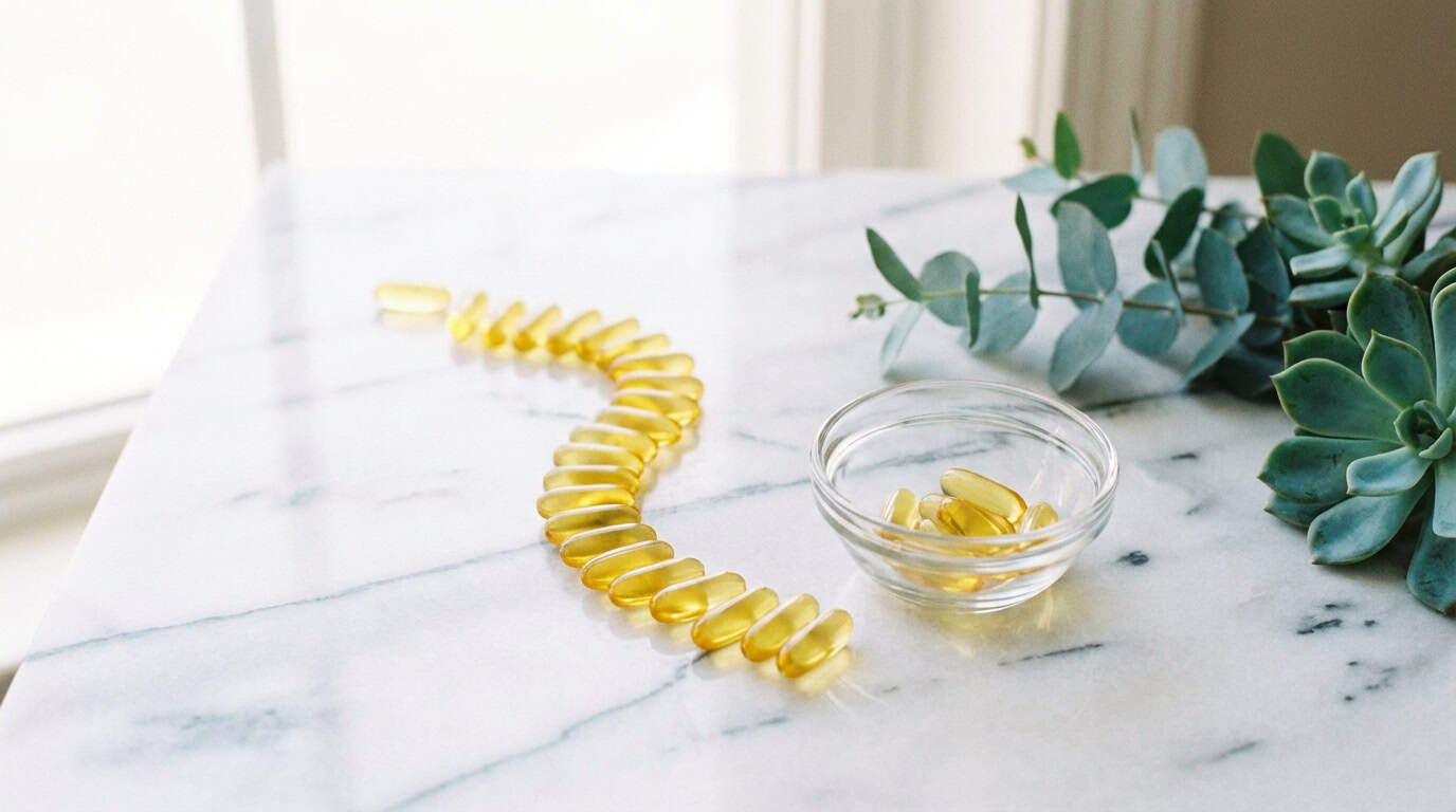 흰 대리석 위의 황금빛 오메가3 캡슐