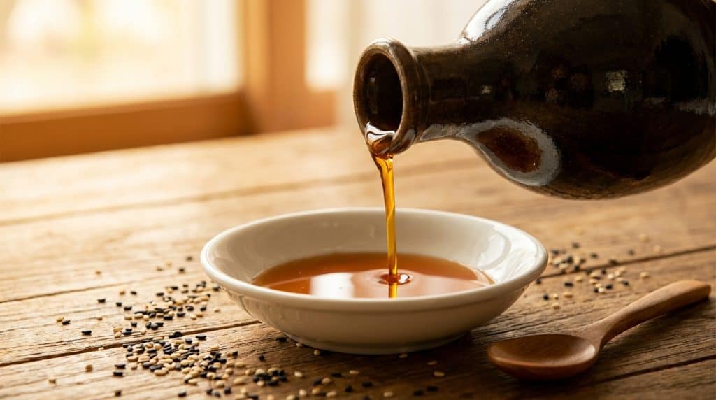 전통 도자기 병에서 흰 접시로 따르는 황금빛 참기름