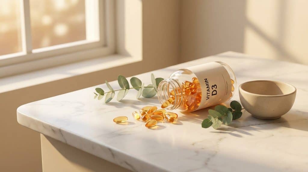 유리병에서 쏟아진 비타민 D 영양제 캡슐