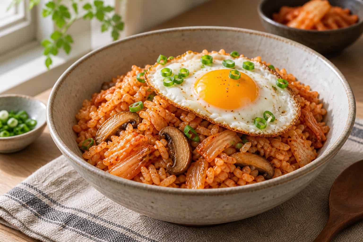 버섯과 달걀을 더한 김치볶음밥
