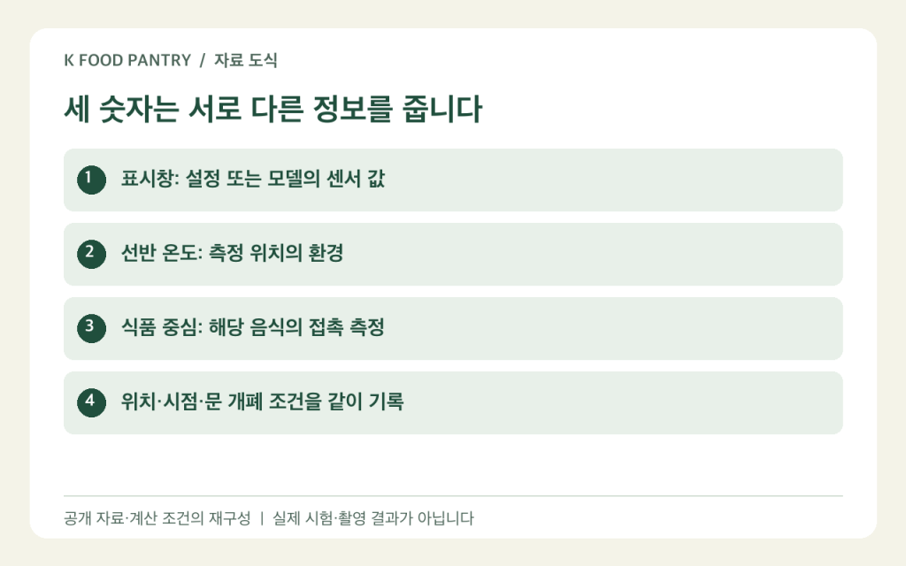 냉장고 표시창·선반 온도·식품 중심온도 구분 도식