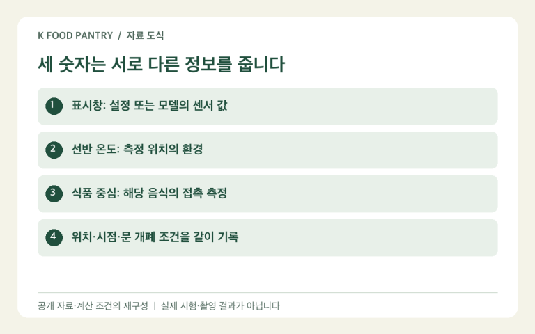 냉장고 표시창·선반 온도·식품 중심온도 구분 도식