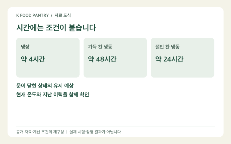 문을 닫은 냉장고와 냉동고의 정전 유지 예상 시간 도식